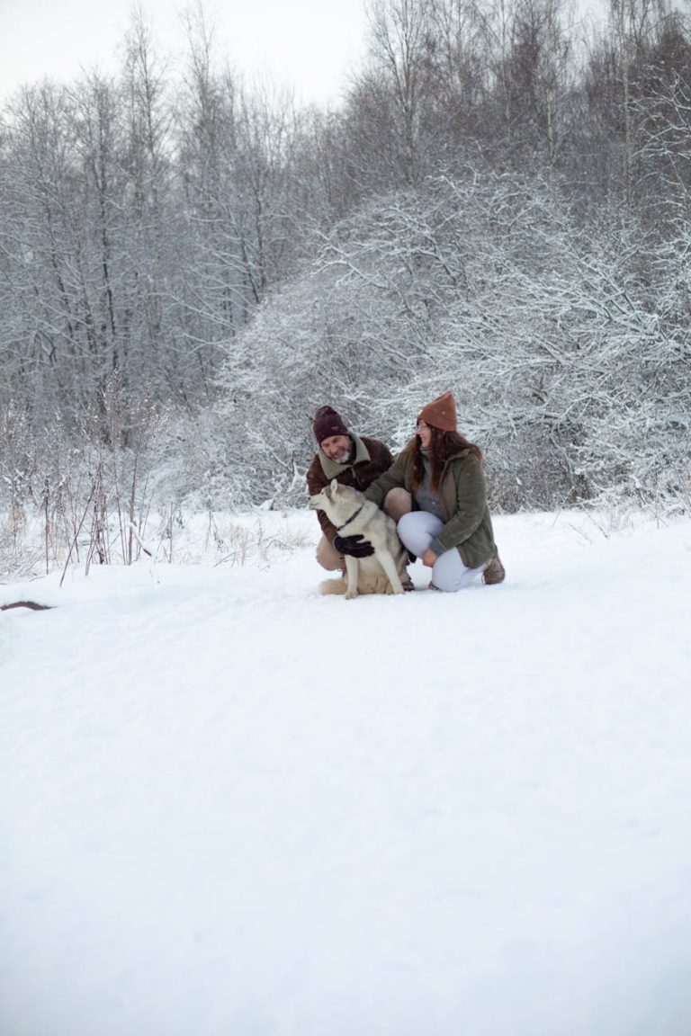 A joyful couple playing with their dog in a snowy forest during a winter day.