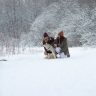 A joyful couple playing with their dog in a snowy forest during a winter day.