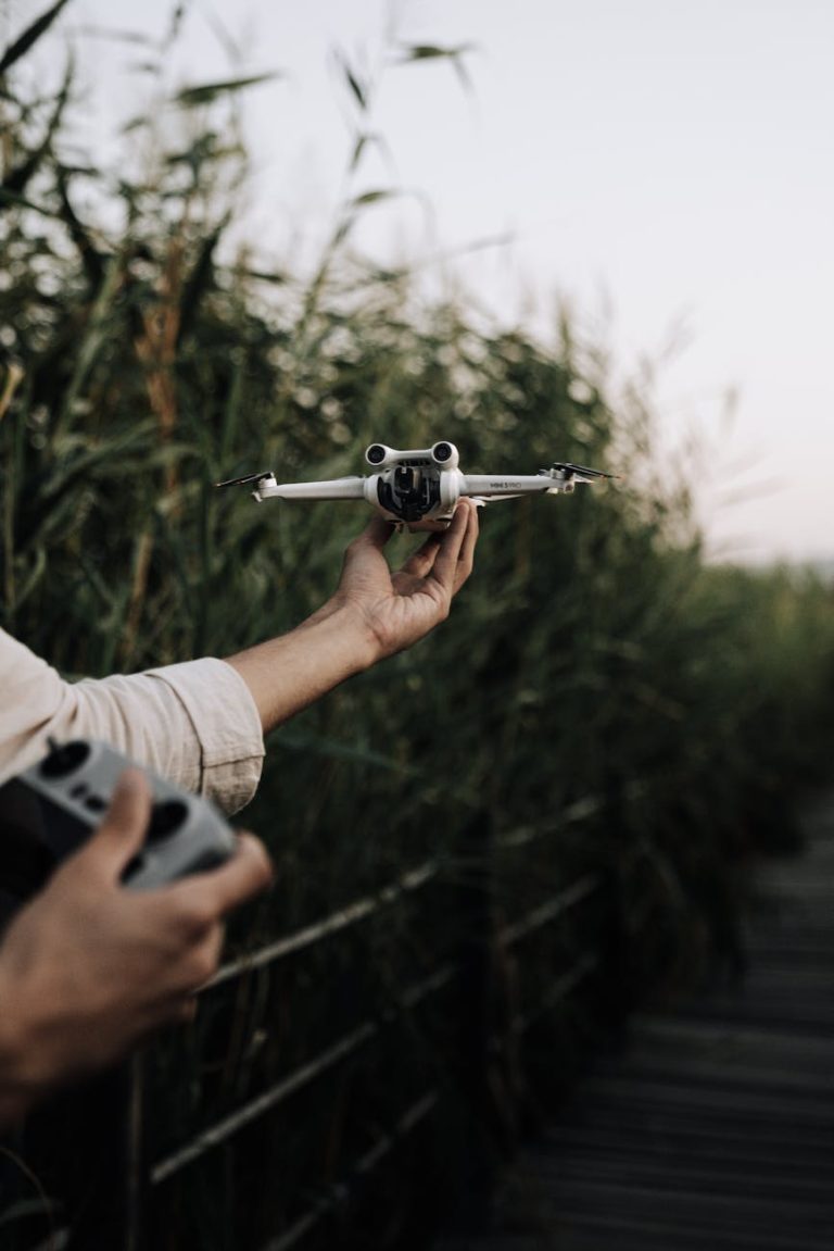A person operates a drone near tall grass, showcasing technology in nature.