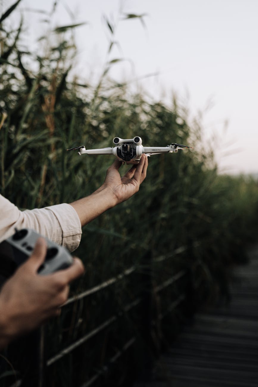A person operates a drone near tall grass, showcasing technology in nature.